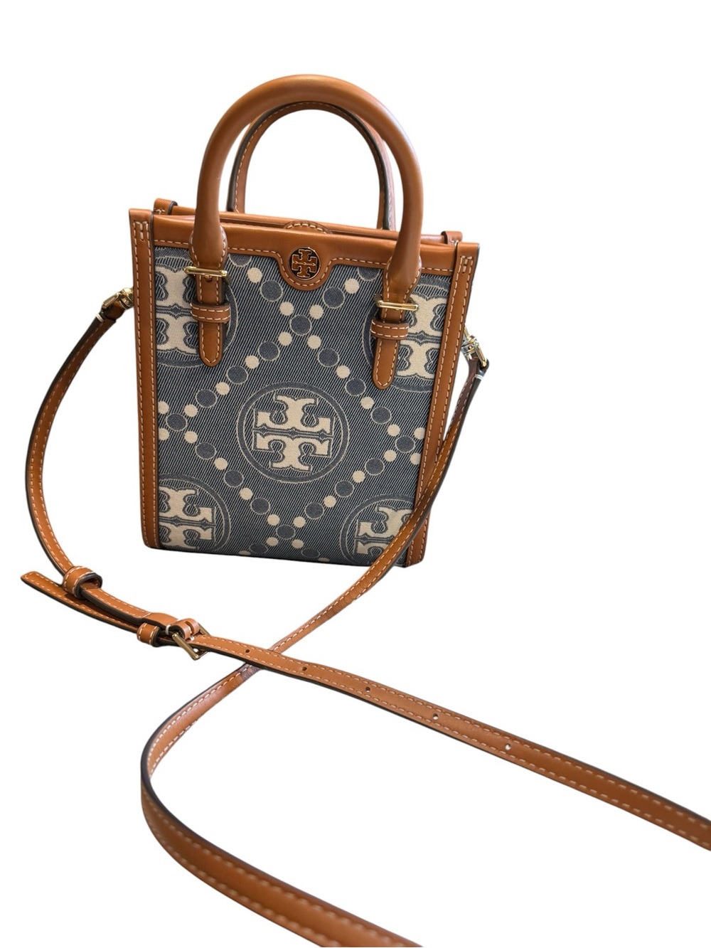 Tory Burch Mini T Monogram Denim North/South Tote Bag – Indigo/Tan - Picture 3 of 9